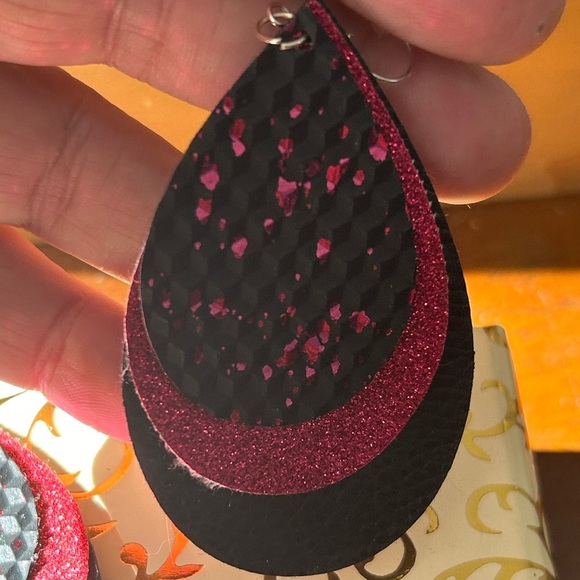Black and Pink Layered Earrings- leather- handmade- new- great gift - Picture 2 of 6